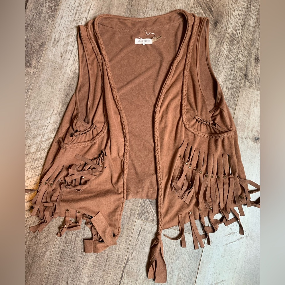 Blu pepper tan suede fringe vest with tassels size M
